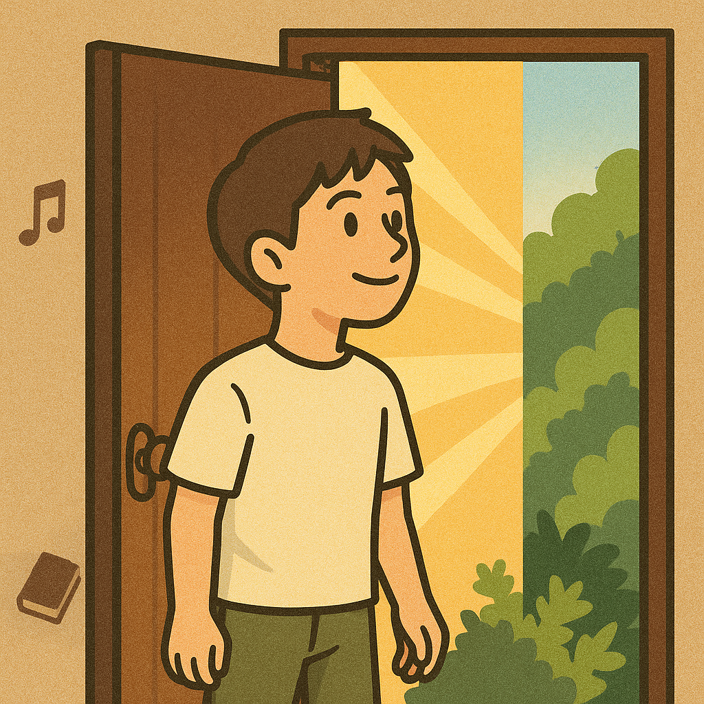 ドアを開けている青年の画像