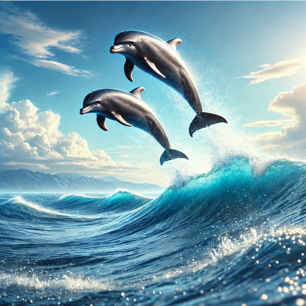 イルカが２頭高く飛び上がっている画像